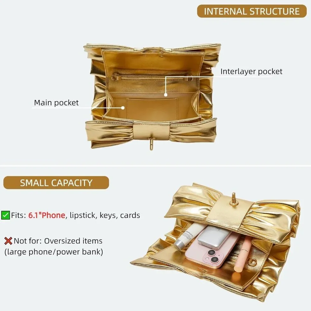 Women's Gold Pu Leather Zipper High Quality Metal Small Bow Crossbody Clutch
